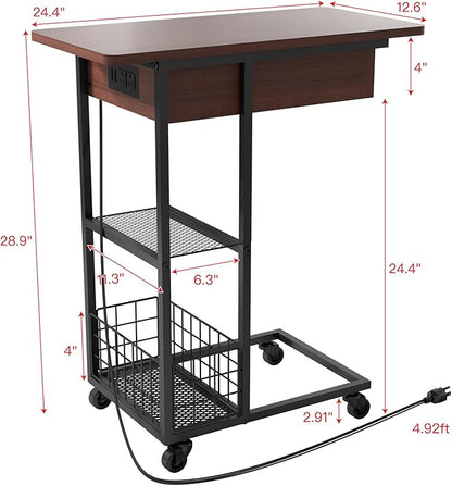 LIDYUK C Shaped End Table with Charging Station, Flip Top Side Table with USB Ports and Outlets, C Table Sofa Table with Storage Shelf for Living Room, Bedroom, Dark Cherry