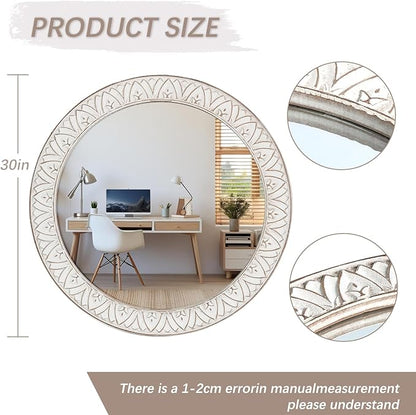 30" Round Wall Mirror, Farmhouse Wooden Frame Circle Mirrors, Rustic Large Decorative Wall Mounted Bathroom Mirror Distressed Hanging Mirrors for Living Room, Bedroom, Entryway, Fireplace, Hall