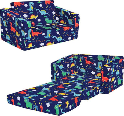 Kids Couch Convertible Sofa to Lounger for Toddler Boy, Foldable 2-in-1 Kids Sofa Bed, Toddler Chairs Comfy for Bedroom Playroom, Blue Dinosaur
