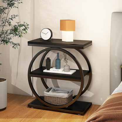IBUYKE Narrow End Table with 3 Storage Shelves, Industrial Sofa Side Table, Double Round Metal Frames, Slim Nightstand and Bedside Table for Bedroom, Living Room, Black UTMJ418B
