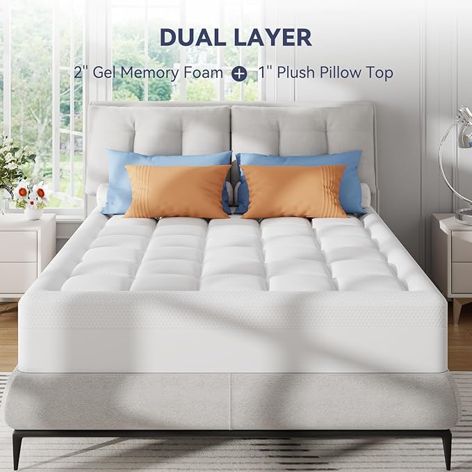 ELEMUSE RV Short Queen Dual Layer 3 Inch Memory Foam Mattress Topper, 1 Inch Plush Feel Pillow Top Mattress Topper Cover and 2 Inch Cooling High Density Memory Foam Bed Pad for Back Pain Relief