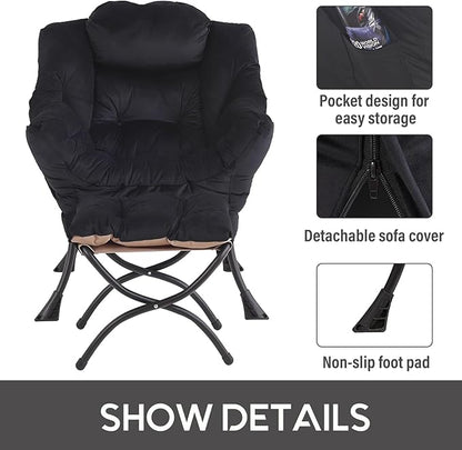 LITA Lazy Chair with Ottoman, Modern Accent Leisure Upholstered Sofa, Contemporary Lounge Reading Chair with Armrests and a Side Pocket for Living Room, Bedroom & Small Space, Black