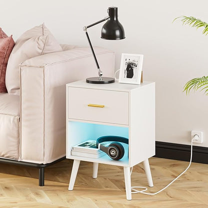 Nightstand with Charging Station and LED Lights, Small Side Table, Bedside Table with Drawer, Modern Night Stand, End Table for Bedroom, Living Room (White)