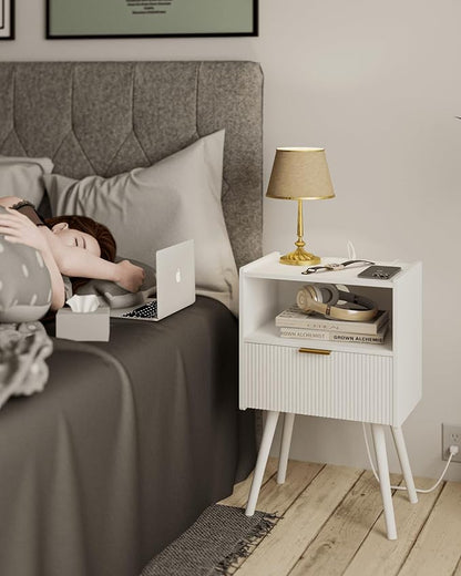 White Nightstand with Outlet,Modern Bedside Table with Storage Drawer and Open Wood Shelf, for Living Room, Bedroom and Small Spaces, Accent Night Stand with Solid Wood Legs, Easy Assembly