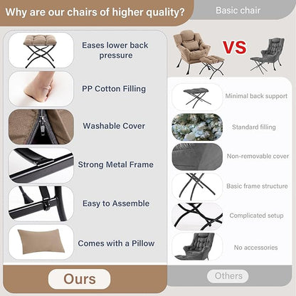 Lazy Chair with Ottoman, Modern Lounge Armchair with Lumbar Pillow, Accent Cozy Reading Chair and Folding Footstool for Bedroom, Dorm, Living Room,Khaki
