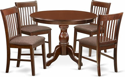 East West Furniture HBNF5-MAH-C 5 Piece Dining Table Set for 4 Includes a Round Kitchen Table with Pedestal and 4 Linen Fabric Dining Room Chairs, 42x42 Inch, Mahogany