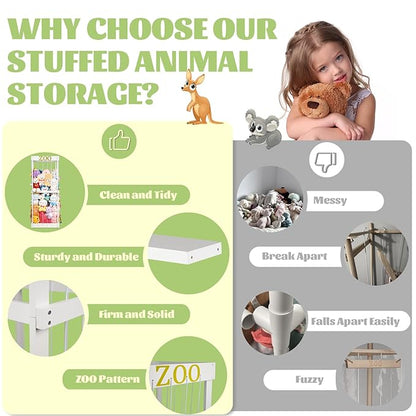 Trycooling Stuffed Animal Zoo Stuffed Animal Storage Wood Plushie Storage Stuffed Animals Zoo Storage Cage with Zoo Pattern Elastic Band for Nursery Play Room Bedroom (White)