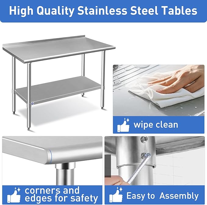 ROCKPOINT Stainless Steel Table for Prep & Work with Backsplash 14x72 Inches, NSF Metal Commercial Kitchen Heavy Duty Table with Adjustable Under Shelf and Table Foot for Restaurant, Home and Hotel