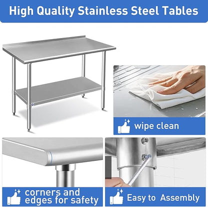 ROCKPOINT Stainless Steel Table for Prep & Work with Backsplash 14x48 Inches, NSF Metal Commercial Kitchen Heavy Duty Table with Adjustable Under Shelf and Table Foot for Restaurant, Home and Hotel
