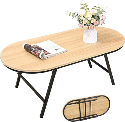 Foldable Coffee Table Natural Wood Oval Coffee Tables No Assembly Portable Floor Table Desk for Sitting on The Floor Low Coffee Table for Small Spaces Living Room Outdoor Use