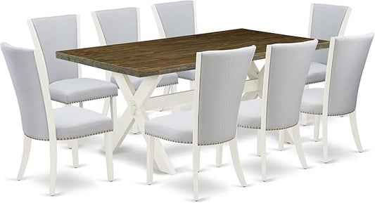 East West Furniture X077VE005-9 9 Piece Modern Dining Table Set Includes a Rectangle Wooden Table with X-Legs and 8 Grey Linen Fabric Parsons Dining Chairs, 40x72 Inch, Multi-Color