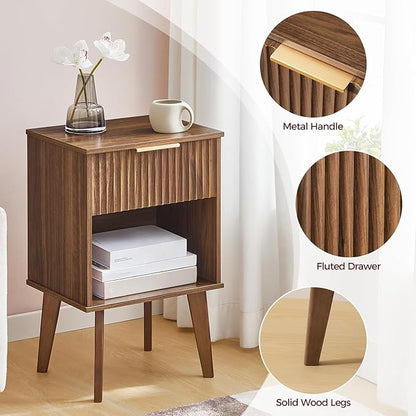 End Table, Fluted Night Stand, Modern Side Table, Bedside Table with 1 Drawer and 1 Open Compartment, Mid Century Nightstand, for Living Room, Bedroom, Study, Office, Walnut ETWA6201