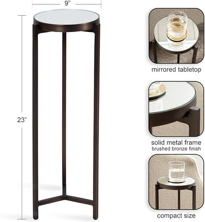 Kate and Laurel Aguilar Modern Mirrored Round Drink Table, 9 x 9 x 23, Bronze, Metal Accent Table with Mirrored Tabletop for Use as Small Plant Stand