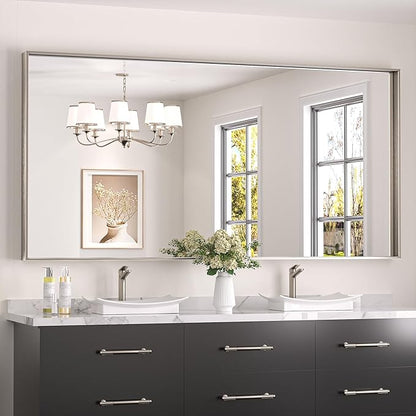 Keonjinn 72 x 36 in Brushed Nickel Mirror for Bathroom Sink, Rectangular Metal Framed Vanity Wall Mirror Square Corner Aluminum Alloy Modern Rectangle Silver Mirror for Over Sink(Horizontal/Vertical)