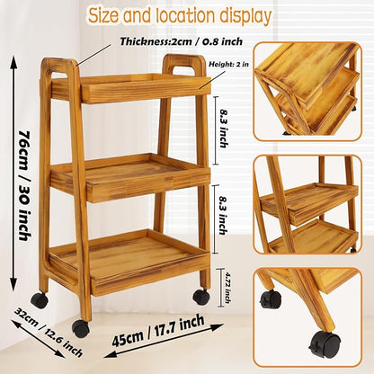 3-Tiers Ladder Shelf with Wheels, Wooden Rolling Cart,Solid Pine Wood Ladder Shelf, Side End Table for Artist,Storage Cart Organizer for Kitchen,Classroom, Living Room, Bathroom (Retro Yellow)