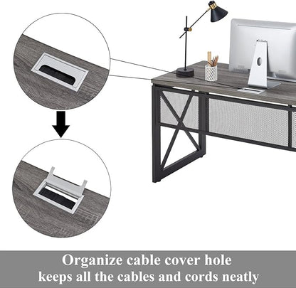 BON AUGURE Industrial Computer Desk, Rustic Wood Desks for Home Office, Sturdy Metal Writing Work Table (60 Inch, Dark Grey Oak)