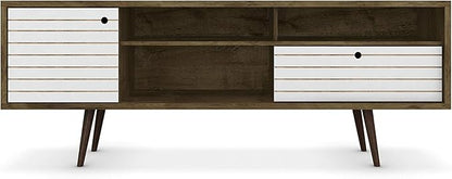 Manhattan Comfort Liberty Mid Century Modern TV Stand for Televisions up to 65 Inches, Bedroom and Living Room Entertainment Center with Storage, Shelves, and Cabinet, 71" Wide, Rustic Brown/White