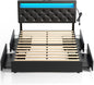 Rolanstar Full Size Bed Frame with 4 Storage Drawers and Charging Station, Full Bed with Led Lights, 2 USB & 1 Type C, Adjustable Headboard 38.9/40.8 Inches, No Box Spring Needed, Black