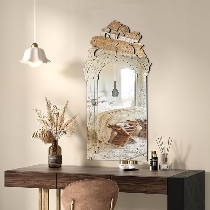 KOHROS Bathroom Vanity Mirror with Floral Etched 40" x 21" Decorative Wall Mirror Frameless Beveled Edge Bathroom Mirror for Vanity Bedroom