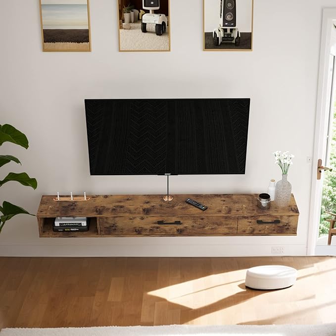 Pmnianhua Farmhouse Floating TV Stand with 2 Doors for TVs up to 80'',78'' Under TV Shelf Floating,Wall Mounted TV Shelf,Rustic Floating TV Console for Under TV(Rustic Brown)
