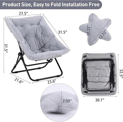Welnow Comfy Saucer Chair, Oversized Folding Reading Chair for Adults with Throw Pillow Soft Faux Fur Lounge Chair for Bedroom Furry Accent Chair for Living Room, Dorm Rooms, Grey