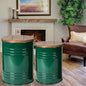 Glitzhome Farmhouse Accent Side Table, Metal Storage Stool Ottoman with Round Lid - Galvanized Coffee Cocktail End Tables Set of 2 for Living Room Bedroom, Hunter Green