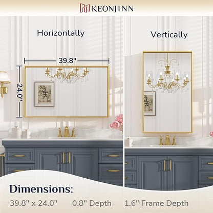 Keonjinn Gold Mirror for Bathroom 40 x 24 Inch Brushed Gold Mirror for Wall Metal Framed Rectangular Mirror for Bathroom Sink Gold Vanity Mirror Full Length Rectangle Mirror(Horizontal/Vertical)