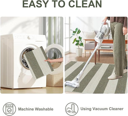 OJIA Striped Rug 24"x51" Washable Fall Front Door Mat Halloween Doormat Woven Entry Rug Cotton Indoor Outdoor Rug Small Checkered Rugs for Porch Kitchen Entryway Patio Bathroom (Green/White/Tan)