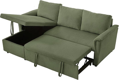 Ball & Cast Reversible Sectional Sofa Couch,L-Shape Sleeper Sofa Bed with Storage Chaise Pull Out Couch for Living Room | Hidden Storage | Pull Out Bed | Removable Backrest | Corduroy Fabric,Green