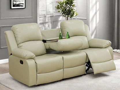Leather Recliner Sofa Couch, 3-Seater Home Theater Seating Reclining Sofa, Power Reclining Couch with Cup Holders & Drop Down Table for Living Room Furniture Sets, Khaki