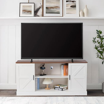 HollyHOME Farmhouse TV Stand for Televisions up to 65”, Wood Entertainment Center with Storage Cabinets and Adjustable Shelves, Media TV Console Table for Living Room and Bedroom, White