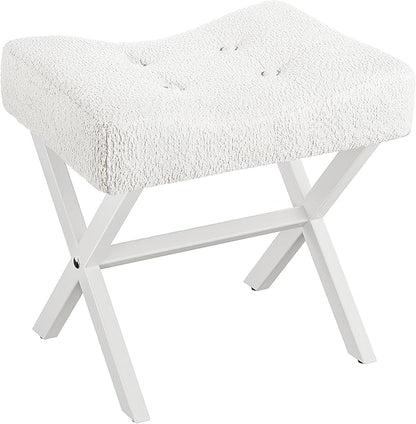 18-Inch Large Vanity Stool Chair, Vanity Bench with Metal X-Legs, Ottoman Foot Stool with Breathable and Soft Boucle Fabric Saddle Seat, White