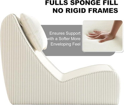 Giant Bean Bag Chair for Adults,Corduroy Chaise Lounge with Unrivaled Back Support, Detachable Neck Pillow, Comfortable Ottoman & Washable Cover for Living Room, Bedroom, Garden(White)