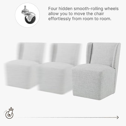 Upholstered Dining Chair with Casters Wingback Modern Side Armless Deskchair with Rollers for Diningroom Bedroom Livingroom Reading Room,Light Grey,4 Box