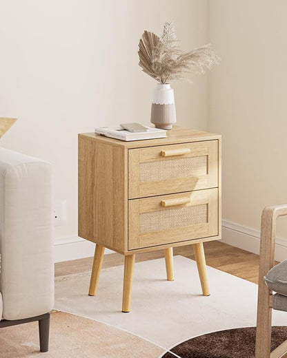 Masupu Rattan Night Stand,Modern nightstand Boho Bedside Table with 2 Drawer,Small End Side Table for Bedroom,Living Room,Office,Natural