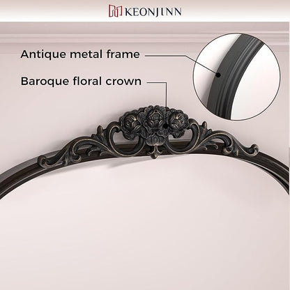Keonjinn Black Vintage Arched Mirror for Wall, 16" x 24" Antique Mirrors with Metal Frame, Baroque Style Decoration for Mantle, Bathroom, Living Room, Fireplace, Bedroom, French Cleat Mounting