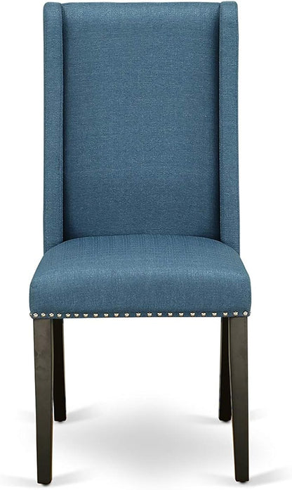 East West Furniture NOFL3-BLK-21 3 Piece Modern Dining Table Set Contains a Rectangle Wooden Table with Butterfly Leaf and 2 Blue Linen Fabric Upholstered Chairs, 32x54 Inch, Black