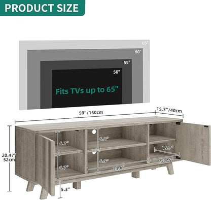 YITAHOME Television Stand for Living Room, Fluted TV Stand with LED Light for 65/55 Inch TV, Mid Century Modern Entertainment Center Media Console TV Cabinet with Adjustable Shelves, Light Oak
