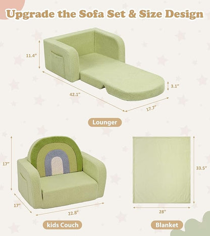 Kids Couch, 2-in-1 Soft Toddler Couch Fold Out with Blanket, Comfy Toddler Chair, Convertible Sofa to Lounger, Convertible Sofa to Lounger, Gifts for Kids Girl Boys, Medium Green Rainbow