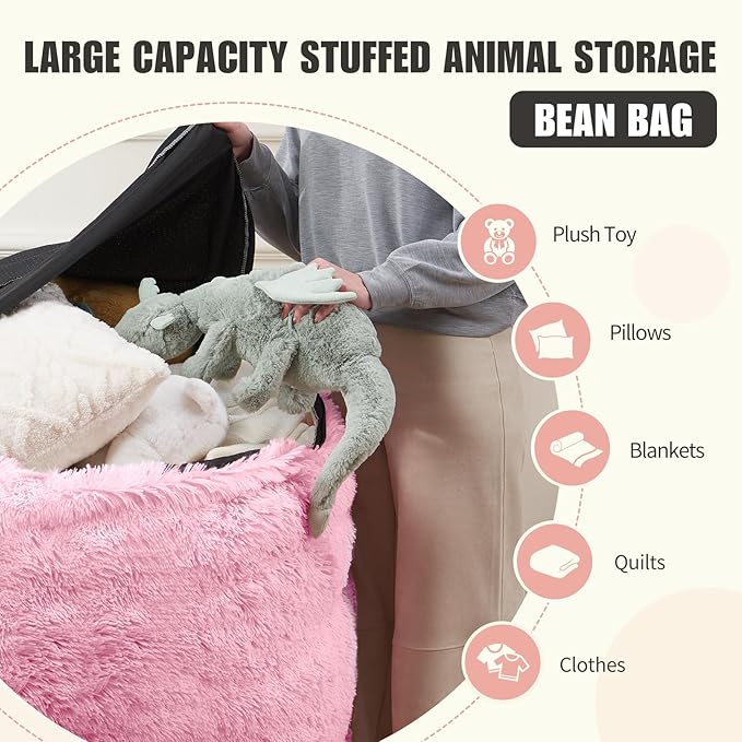 Fluffy Bean Bag for Stuffed Animals Storage, Faux Fur Washable Bean Bag Chair Cover(No Filler) for Textile Plush Toys, Beanbag Chair Cover for Adults Kids Teens, 6FT, Pink