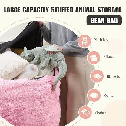 Fluffy Bean Bag for Stuffed Animals Storage, Faux Fur Washable Bean Bag Chair Cover(No Filler) for Textile Plush Toys, Beanbag Chair Cover for Adults Kids Teens, 6FT, Pink