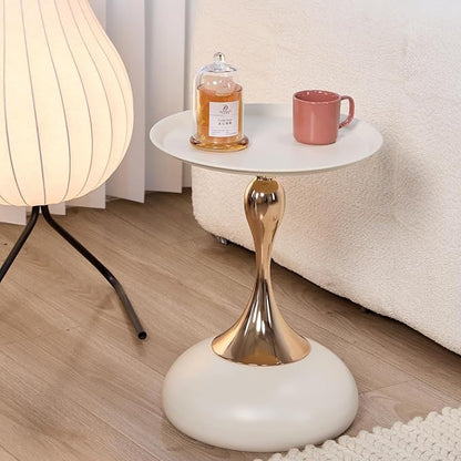 Modern Round Side Table with Gold Pedestal Base, Black Metal Top, Accent End Table for Living Room (White)