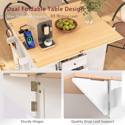 56" Large Kitchen Island with 2 Drop Leafs,Rolling Kitchen Cart on 5 Wheels W/Power Outlet & 3 Drawers,Folding Storage Dining Table W/Spice & Towel Racks,for Kitchen,Dining Room,White