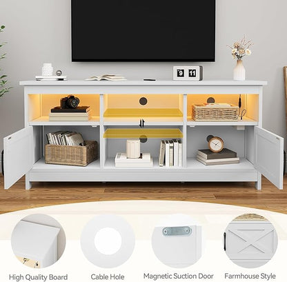 DWVO White TV Stand for 65 Inch TV, Entertainment Center, TV Cabinet with Power Outlet & LED Light Strip, Media Console Television Stands, Living Room Furniture 59 Inch