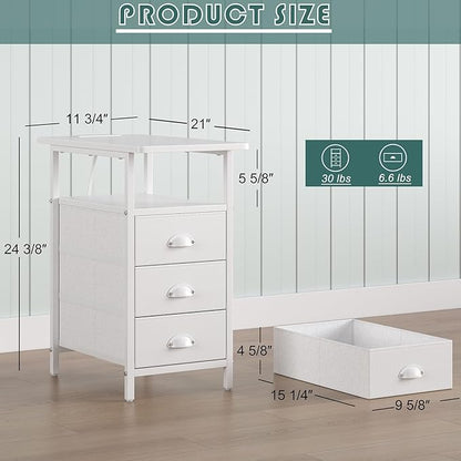 End Table with Charging Station, Side Tables Livingroom with USB Ports and Outlets,Narrow Nightstands Bedside Tables with 3 Drawers PU Finish for Small Space,Slim Sofa Table Bedroom,White