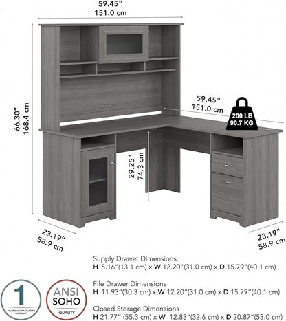 Bush Furniture Cabot L Shaped Desk with Hutch | Corner Desk with Storage for Home Office in Modern Gray | 60W L Shaped Computer Desk