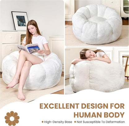 Bean Bag Chairs for Adults, Faux Fur Reading Chair with Petal Arm Rest Fluffy Comfy Chair for Bedroom, Living Room, Dorm, Game - White, Large, Low Support