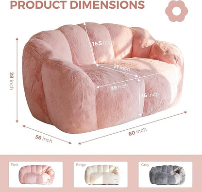 MAXYOYO Bean Bag Chair for Adults, Loveseat Floral Shaped Bean Bag Sofa, Ultra Soft Love Seat Mini Sofa Couch, Faux Fur Reading Chair for Living Room Bedroom, Pink