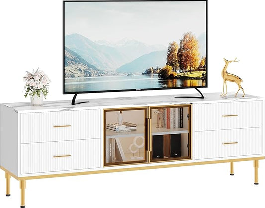 66" Fluted TV Stand with LED Light, Modern Entertainment Center for TVs Up to 75 Inch, Wood TV Media Console with Faux Marble Top, 4 Drawers, Glass Door for Living Room, White