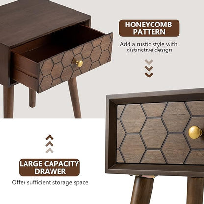 COSIEST Mid-Century Nightstand, Modern MDF Bedside Table, Accent Wood End Table with One Storage Drawer for Bedroom Living Room(Brown,2 Pieces)